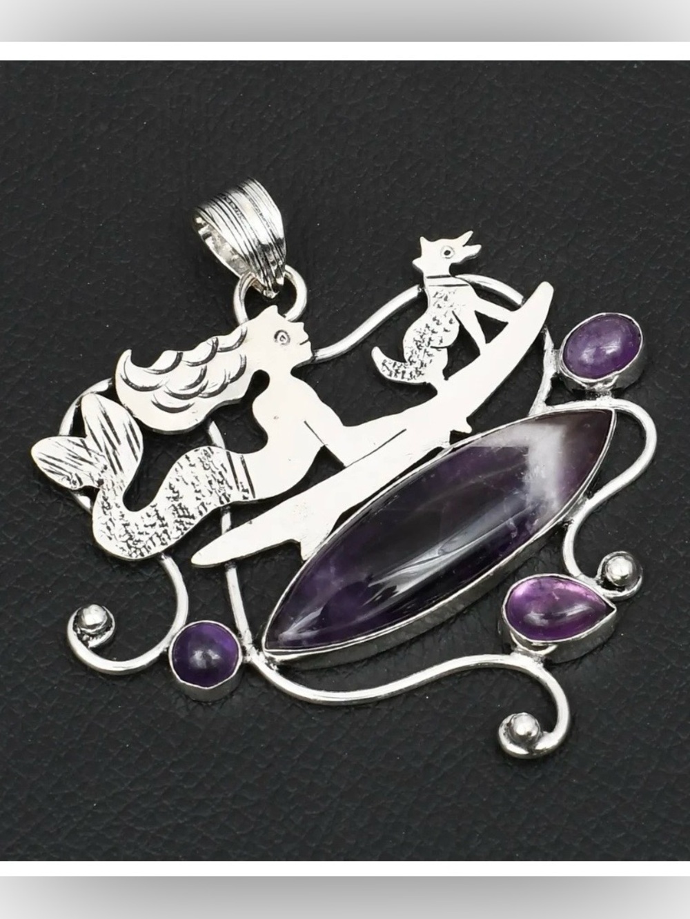 2 inch, 925 marked, Purple Amethyst, with silver,Mermaid and dog on serf board.